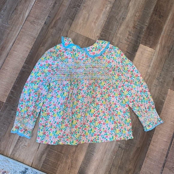 Mini Boden Girls Floral Smocked Collared Blouse Multi-Colored Keyhole Back 4-5yr - Picture 1 of 4